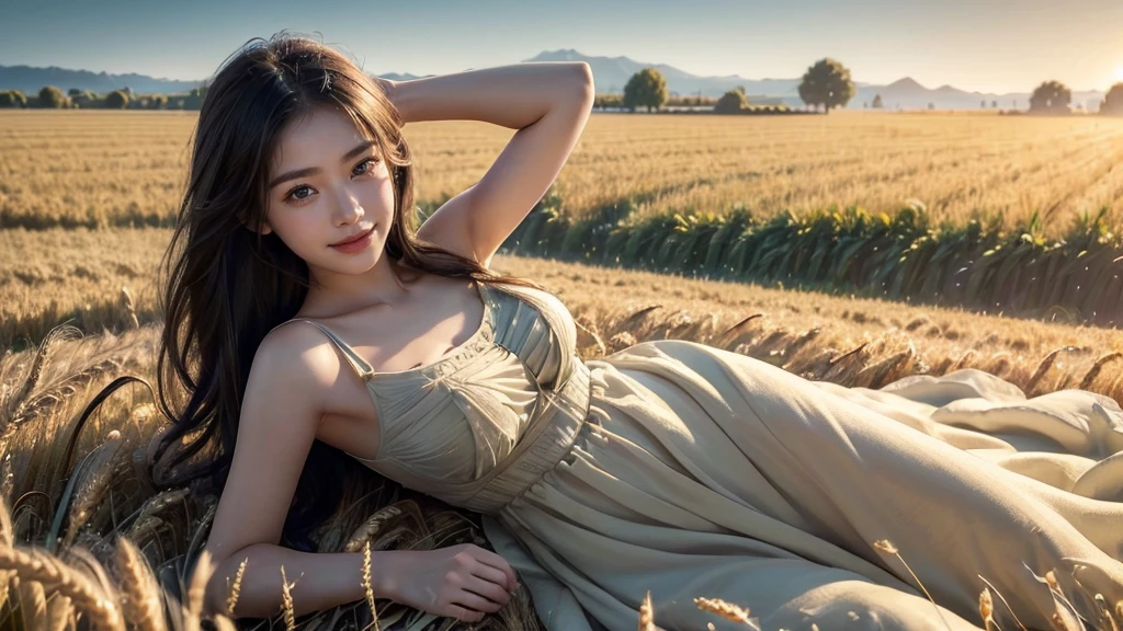 ((Master piece: 1.4)), Extremely CG Unity 8k walpaper, ((Realistic: 1.2)), Ray Tracing, k, Beautiful 22 years girl, Asian realistic girl, ((Young perfect slender Girl)), Ultra Realistic, ultra HD, ((taffy colour luxury Sundress)), ((Super round breast under the dress)), ((young breasts)), Young body, perfect shape body, ((romantic looks)), stylish Poses ((Wheat agriculture Fields)), Sleeping on Grass fields, ((Eyes open)), ((Every where wheat Fields)), (only wheat Fields)), Beautiful smile, ((smile: 1.2)), ((detailed background)), ((Detailed Dress)), ((Detailed body)), ((detailed skin)), ((realistic lips)), ((realistic smile)), ((Long Black silky hair)), cinematic lighting, cinematic Photography, High resolution Dress Quality, High resolution picture quality, Morning Light, Foggy morning, ((Cool weather)), peacefull climate,