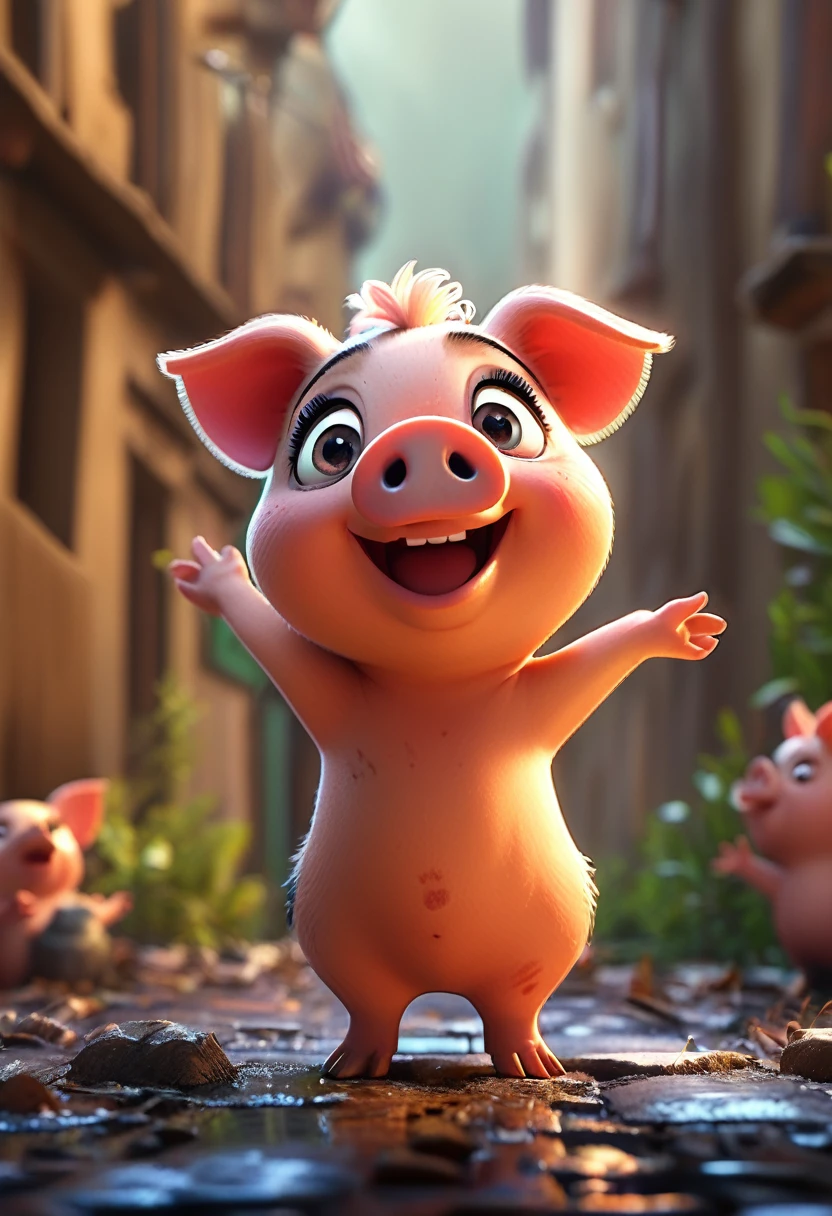 cute tiny piggy, cartoon , arms, hands ,cute eyes, looking at viewer, arms up, dirty background, piggy ears
