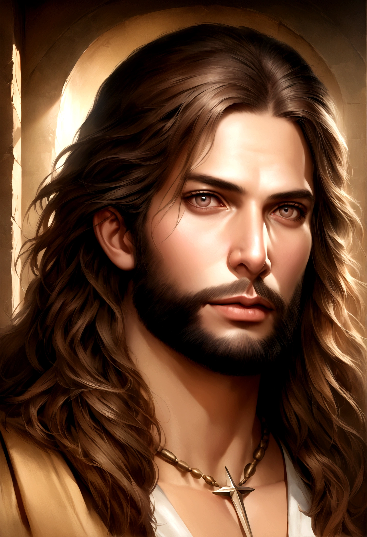 a close up of a man with long hair and a beard, jesus Cristo, Retrato de jesus Cristo, 8 k realistic digital art, jesus de Nazaré, ultra realistic digital painting, rosto de jesus, highly realistic digital art, hyper realistic digital painting, ultra realistic digital art, very realistic digital art, jesus, arte digital ultrarealista