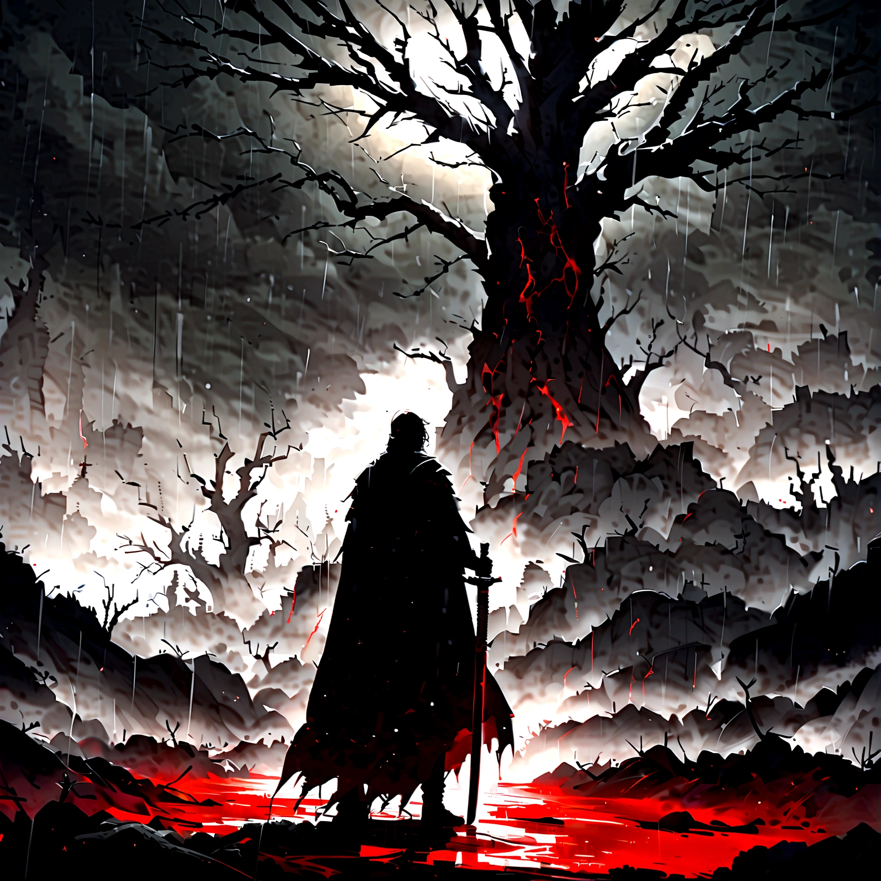 On a cloudy and gloomy day, with dense clouds blocking almost all sunlight, a young warrior with a serious expression and piercing eyes stands out in the desolate scenery. Wearing a torn black cloak and holding a shining katana, he is surrounded by a barren landscape with twisted trees. From the sky, a rain of blood falls, creating scarlet puddles on the ground and staining his clothes and hair. Despite this, the warrior remains impassive and determined. The scene's lighting uses dark contrasts, with deep shadows and points of light highlighting the character and the macabre rain of blood, resulting in a dramatically impactful image.