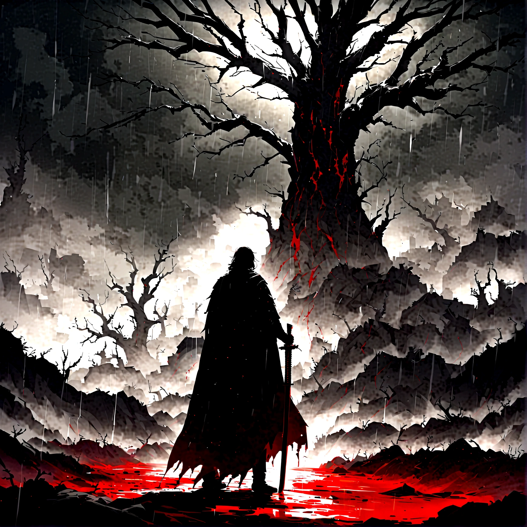 On a cloudy and gloomy day, with dense clouds blocking almost all sunlight, a young warrior with a serious expression and piercing eyes stands out in the desolate scenery. Wearing a torn black cloak and holding a shining katana, he is surrounded by a barren landscape with twisted trees. From the sky, a rain of blood falls, creating scarlet puddles on the ground and staining his clothes and hair. Despite this, the warrior remains impassive and determined. The scene's lighting uses dark contrasts, with deep shadows and points of light highlighting the character and the macabre rain of blood, resulting in a dramatically impactful image.