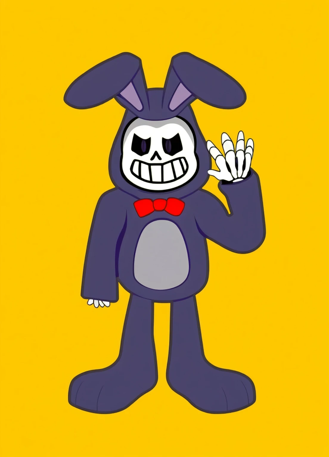 Create a 3D model of a skeleton wearing a purple bunny costume. The costume should have a plush appearance, with a soft, realistic texture. The rabbit should have large floppy ears, a light gray belly and a red bow around its neck. The skeleton should have a big smile and glowing purple hollow eyes. The skeleton's hands and fingers must be bones. The character's pose should be friendly, with a hand waving. The background must be transparent.