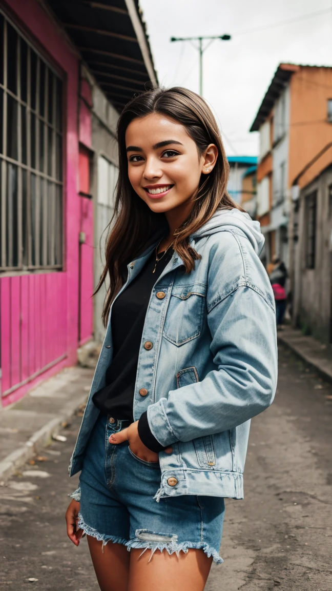 iPhone portrait bright overcast, comuna 13, 1 girl 25 years old, smiling, trendy casual outfits