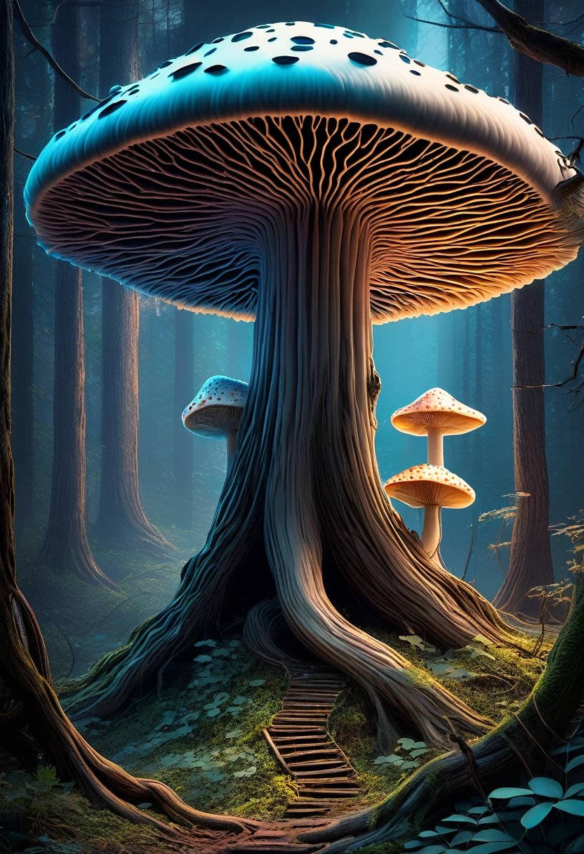 Eerie Beauty: A moonlit forest bathed in an ethereal glow, where ancient, gnarled trees twist into fantastical shapes. Wispy, bioluminescent mushrooms illuminate the forest floor, while a stack mushroom with piercing needles sprout from the shadows,1÷10×√(50)×tan(78)+125^(2)÷√(8.888), fractal,organic matter, cellular colony, deep wiew,4k resolution,hyperdetailed, masterpiece, 3d modelling, abstract art, digital art

