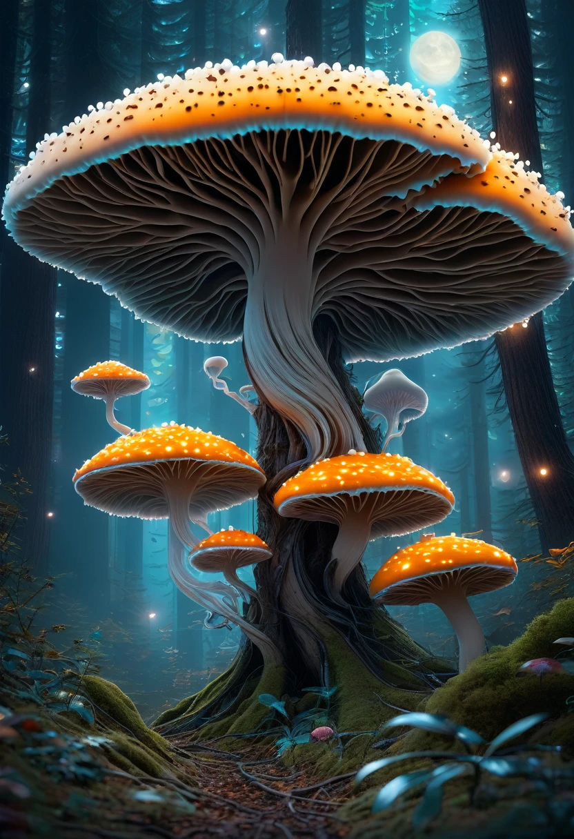 Eerie Beauty: A moonlit forest bathed in an ethereal glow, where ancient, gnarled trees twist into fantastical shapes. Wispy, bioluminescent mushrooms illuminate the forest floor, while a stack mushroom with piercing needles sprout from the shadows,1÷10×√(50)×tan(78)+125^(2)÷√(8.888), fractal,organic matter, cellular colony, deep wiew,4k resolution,hyperdetailed, masterpiece, 3d modelling, abstract art, digital art