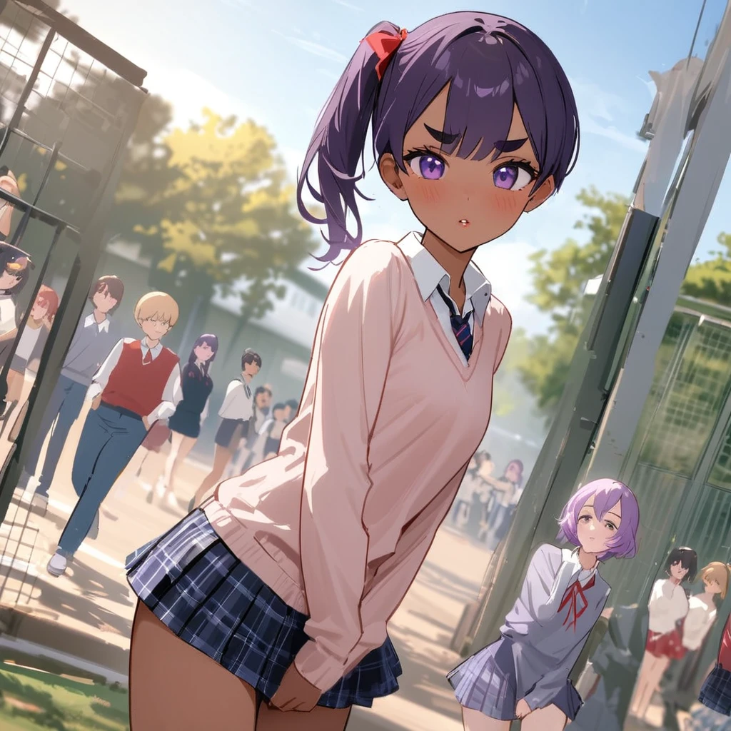 work of art, best qualityer, extremely detaild,dutch angle, アニメ,Suéter schoolyardr grande、plaid plaid skirt,skin tanned,15year old ,dark skin tiny body,smallbreast,baby face,hand between legs,break,multicolored dark purple hair,side ponytail,short hair with long highlights,break,Eyes red,thick eyebrow,unexpressive,Detailed lips,False eyelashes,break,red cotton ribbon,break,break,microskirt,break,schoolyard