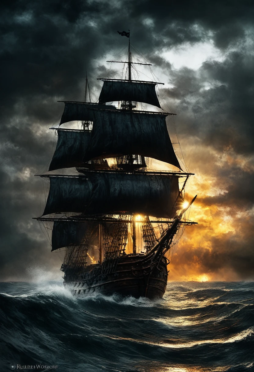 Stormy sea. Pirate ship with black sails with a picture of Jolly Roger. Cinematic picture. ultra-stunning lighting, conceptual art, super detail, amazing composition. hyperrealistic photography. sea, digital painting, high quality the darkest and longest night of the year, style by Ralph Blakelock, Ed Emshwiller, Marianne Wroten, Arthur Rackham, Niko Anttila