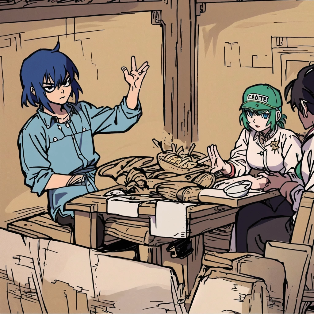 anime characters sitting at a table with a cat in their hands, 2 days anime style, 2 days anime, 2 days gorillaz, gorillaz art, Gorillaz style, gorillaz, arte 2D, 2 days art, arte 2D cover, 2 days style, 2 days digital, gorillaz phase 1, 2D, 2 days, Still image from 2D movie