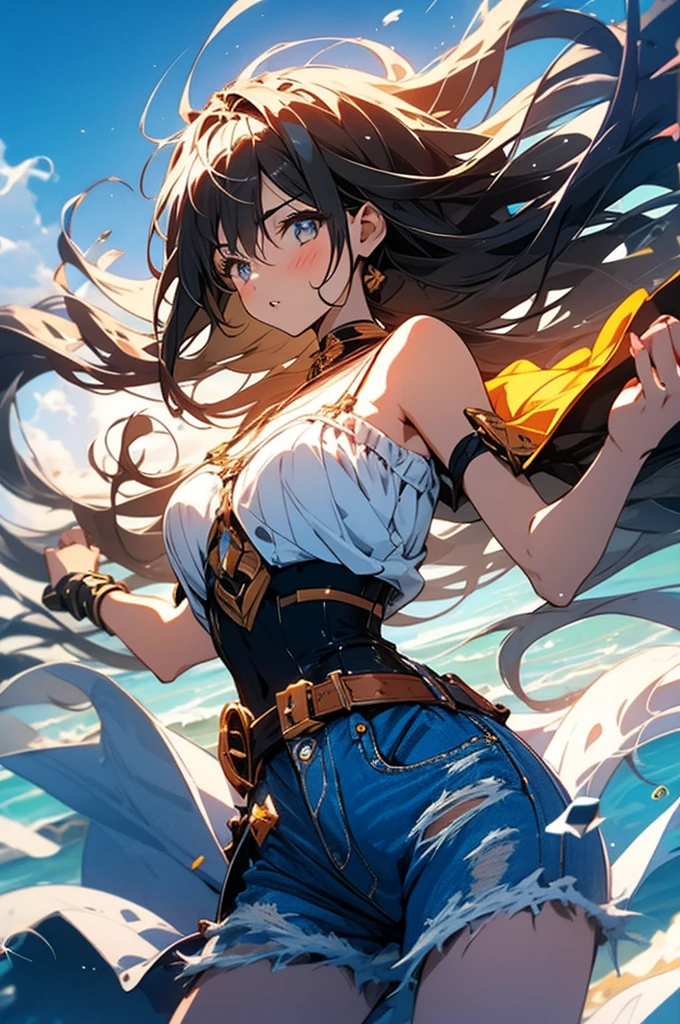 masterpiece, Highest quality, 1 Girl, Brunette Hair, Bare shoulders, Long Hair, dress, Denim Shot, Dynamic pose, Dynamic Angle,