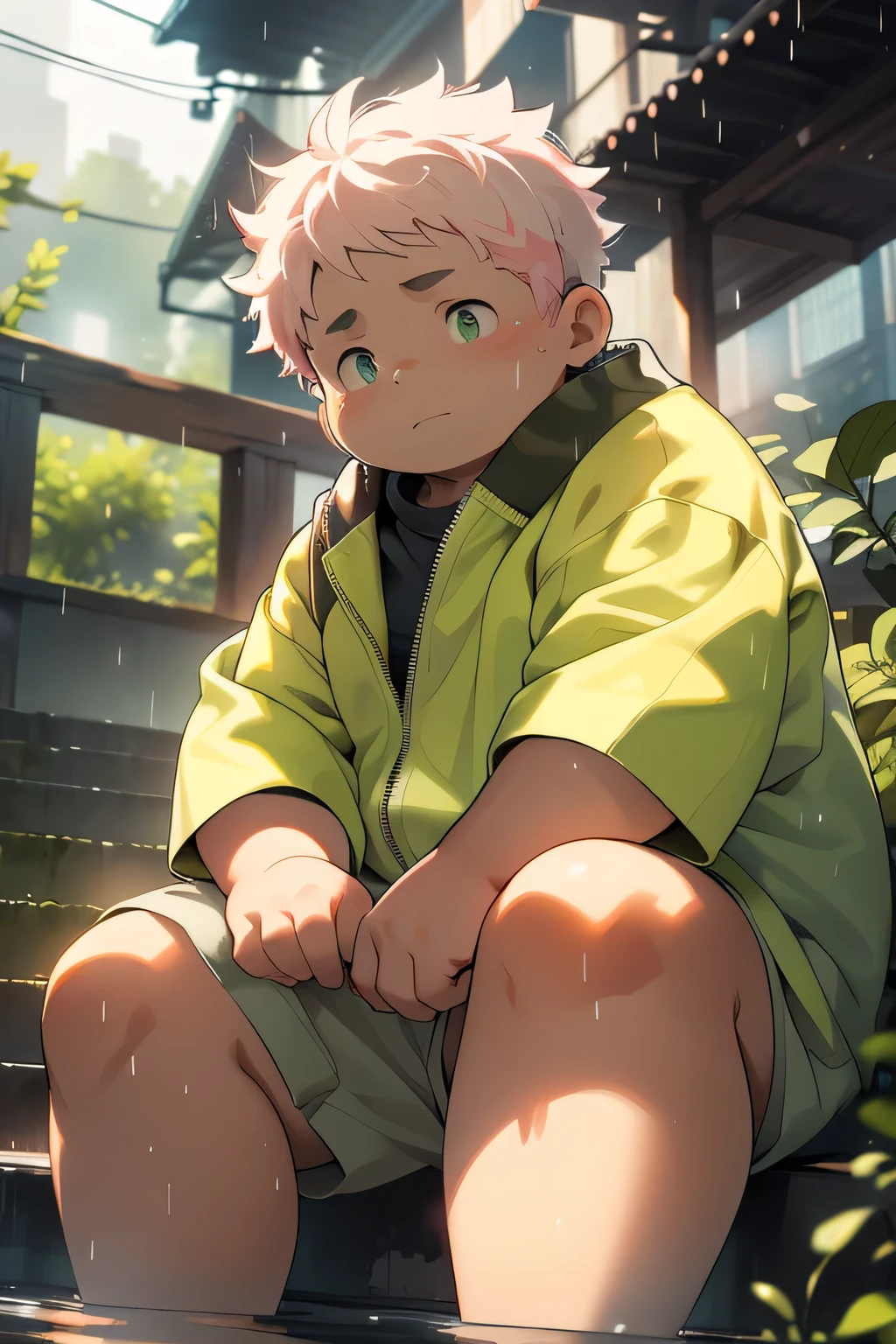 a chubby boy, cute, overweight, pink short hair, neon green eyes, wearing a high collar coat, sitting on steps, looking up at the sky, sad, melancholic, rainy day, (best quality,4k,8k,highres,masterpiece:1.2),ultra-detailed,(realistic,photorealistic,photo-realistic:1.37),HDR,UHD,studio lighting,ultra-fine painting,sharp focus,physically-based rendering,extreme detail description,professional,vivid colors,bokeh,portrait