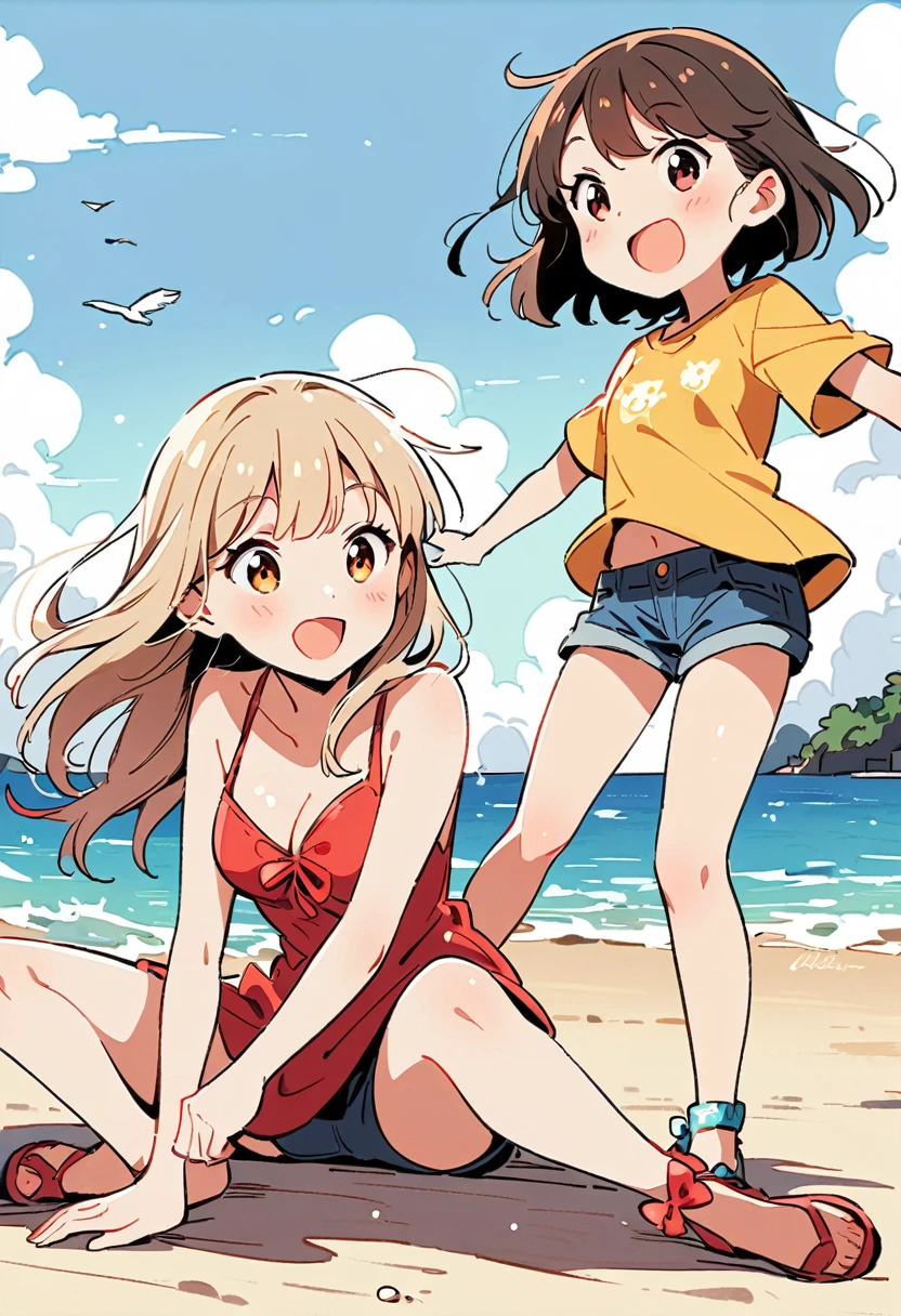 two girls having fun on the beach, 比基尼, cute girls