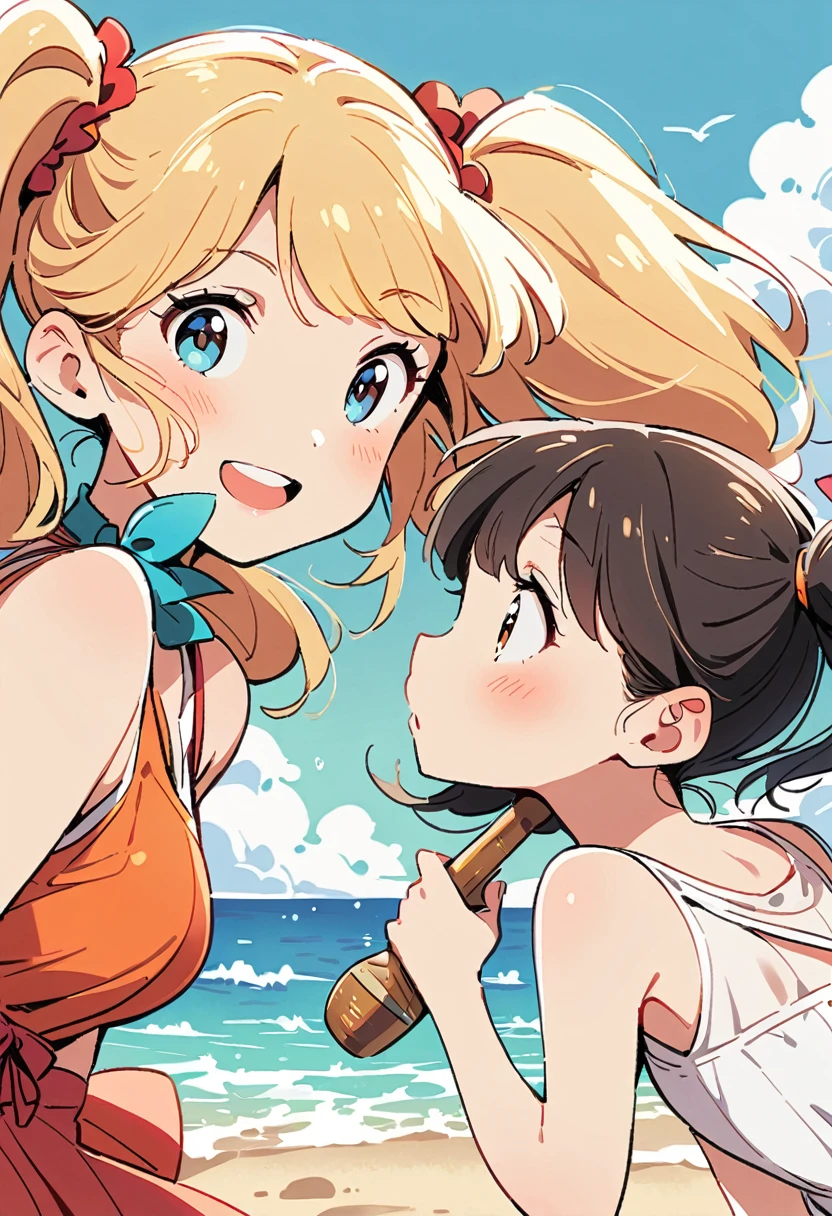 two girls having fun on the beach, 比基尼, cute girls