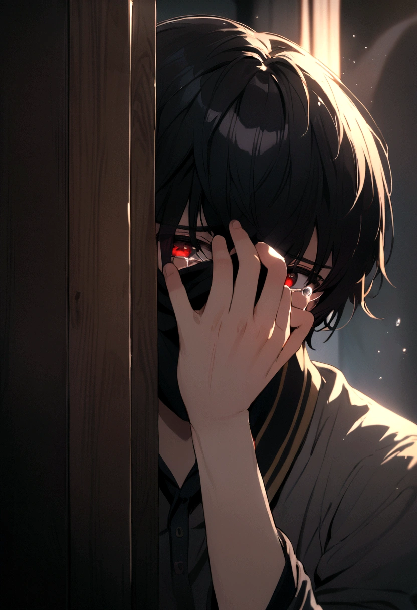 boy, red eyes, black hair, hiding face, crying