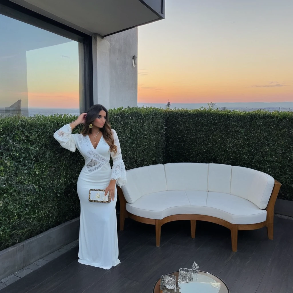 'une femme séduisante dans un cadre parfait pour un post Instagram. La femme a une silhouette élancée et porte une robe moulante élégante de couleur pourpre profond avec des détails en dentelle sophistiqués et séduisants. Ses cheveux sont longs, légèrement ondulés et d'un brun clair, tombant en cascades sur ses épaules. Elle porte un maquillage glamour avec un rouge à lèvres rouge foncé et un fard à paupières scintillant. La femme pose de manière confiante, une main sur la hanche et l'autre tenant une coupe de cocktail, avec un regard captivant et séduisant. Le décor est une terrasse chic d'un penthouse moderne, avec une vue spectaculaire sur la ligne d'horizon de la ville au crépuscule. La terrasse est décorée avec des meubles contemporains, y compris un canapé blanc en cuir avec des coussins en velours et une table basse en verre. Des lumières LED intégrées et des lampes design créent une atmosphère élégante et futuriste. Des plantes vertes en pots géométriques et des œuvres d'art moderne ajoutent une touche de sophistication. À proximité, une table haute est décorée avec des amuse-bouches gastronomiques, des coupes de champagne et des fleurs fraîches, ajoutant une touche de luxe et de classe. La palette de couleurs est moderne et élégante, dominée par des tons de pourpre, de doré et de blanc, avec une ambiance générale de luxe, de séduction et de modernité urbaine.