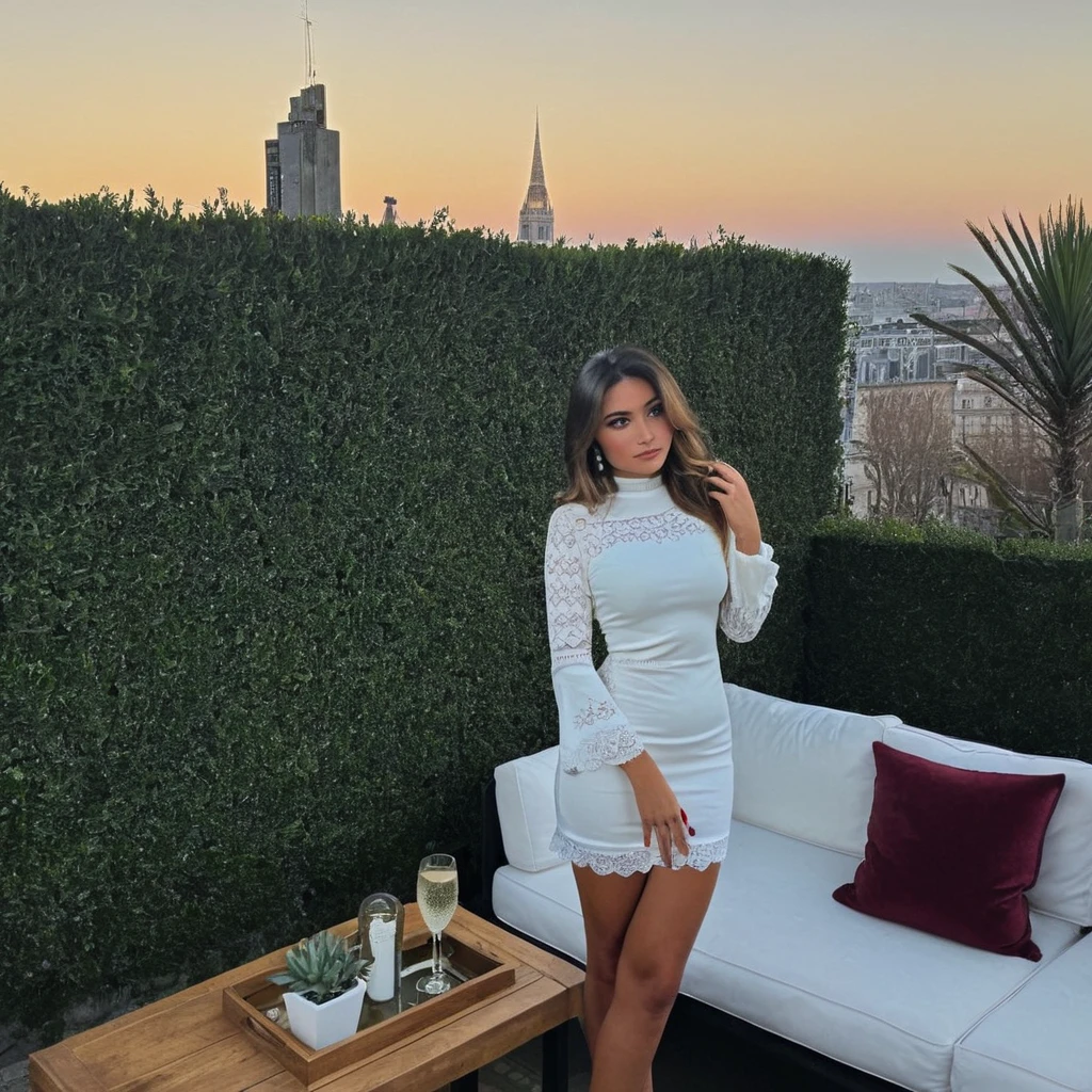 'une femme séduisante dans un cadre parfait pour un post Instagram. La femme a une silhouette élancée et porte une robe moulante élégante de couleur pourpre profond avec des détails en dentelle sophistiqués et séduisants. Ses cheveux sont longs, légèrement ondulés et d'un brun clair, tombant en cascades sur ses épaules. Elle porte un maquillage glamour avec un rouge à lèvres rouge foncé et un fard à paupières scintillant. La femme pose de manière confiante, une main sur la hanche et l'autre tenant une coupe de cocktail, avec un regard captivant et séduisant. Le décor est une terrasse chic d'un penthouse moderne, avec une vue spectaculaire sur la ligne d'horizon de la ville au crépuscule. La terrasse est décorée avec des meubles contemporains, y compris un canapé blanc en cuir avec des coussins en velours et une table basse en verre. Des lumières LED intégrées et des lampes design créent une atmosphère élégante et futuriste. Des plantes vertes en pots géométriques et des œuvres d'art moderne ajoutent une touche de sophistication. À proximité, une table haute est décorée avec des amuse-bouches gastronomiques, des coupes de champagne et des fleurs fraîches, ajoutant une touche de luxe et de classe. La palette de couleurs est moderne et élégante, dominée par des tons de pourpre, de doré et de blanc, avec une ambiance générale de luxe, de séduction et de modernité urbaine.