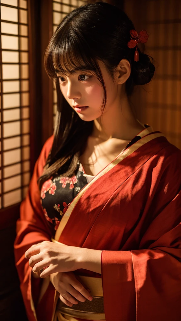 girl、Beauty、Red colored kimono、Exposing shoulders、girl座り、front、Tatami room、Powder、Shoji screen、tatami、Dark atmosphere、candle、Oiran、Tied hairstyle、hairpin、Close-up