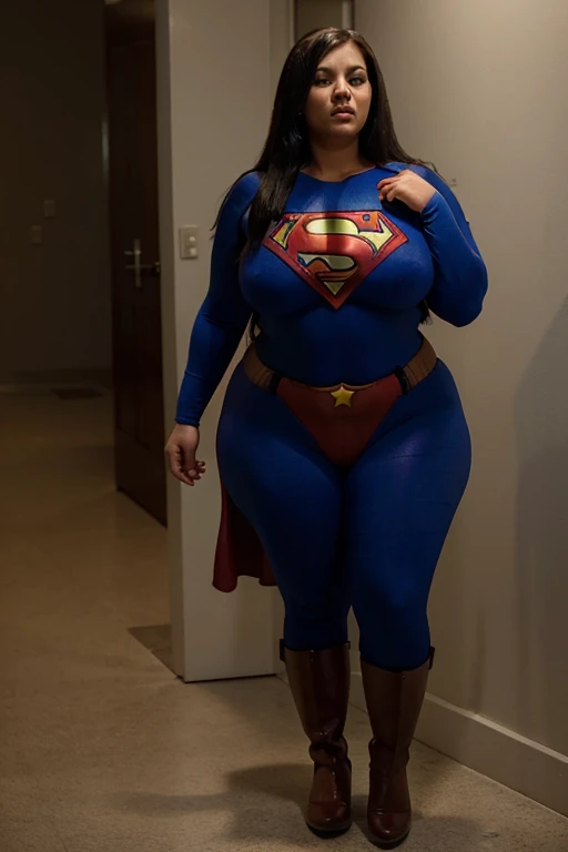 superheroine is standing and paralyzed while vulnerable, full body,