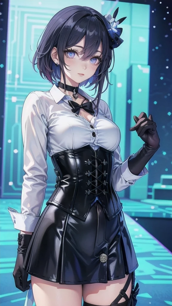 Masterpiece, Beautiful art, professional artist, 8k, Very detailed face, Detailed clothing, detailed fabric, 1 girl, Soul Fullness \(Honkai Impact 3rd\), front view, standing, perfectly drawn body, shy expression, pale skin, beautiful face, short dark blue hair, 4k eyes, very detailed eyes, pink cheeks, choker:1.6, (white long sleeve button down shirt with white collar), black gloves, gloves that cover hands, (black leather corset), (shiny black tight mini skirt), Sensual Lips , winter night, show details in the eyes, looking at the viewer, elegant city, at night