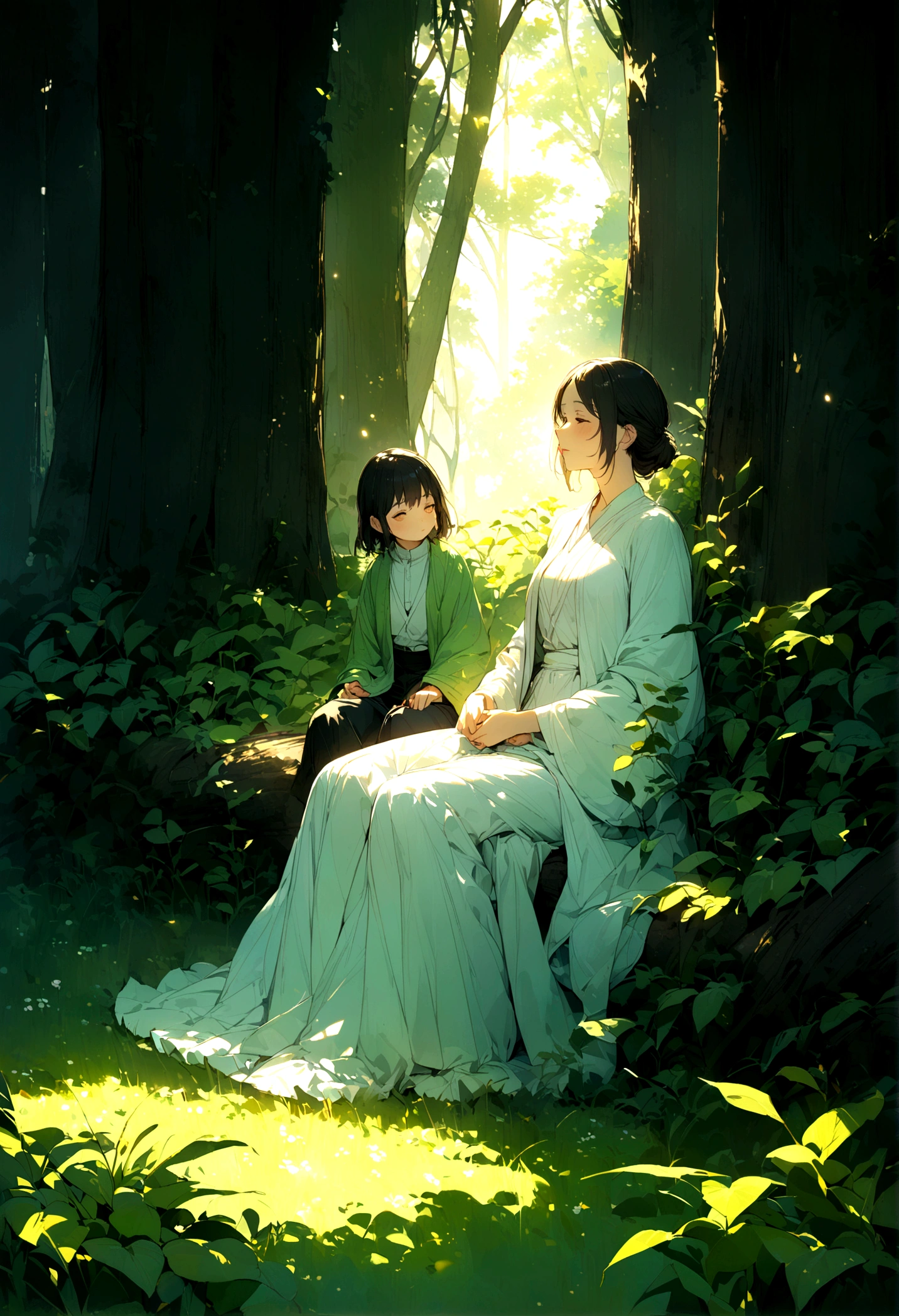 A family sitting in a lush green field, softly illuminated by light, conveying peace and divine security.