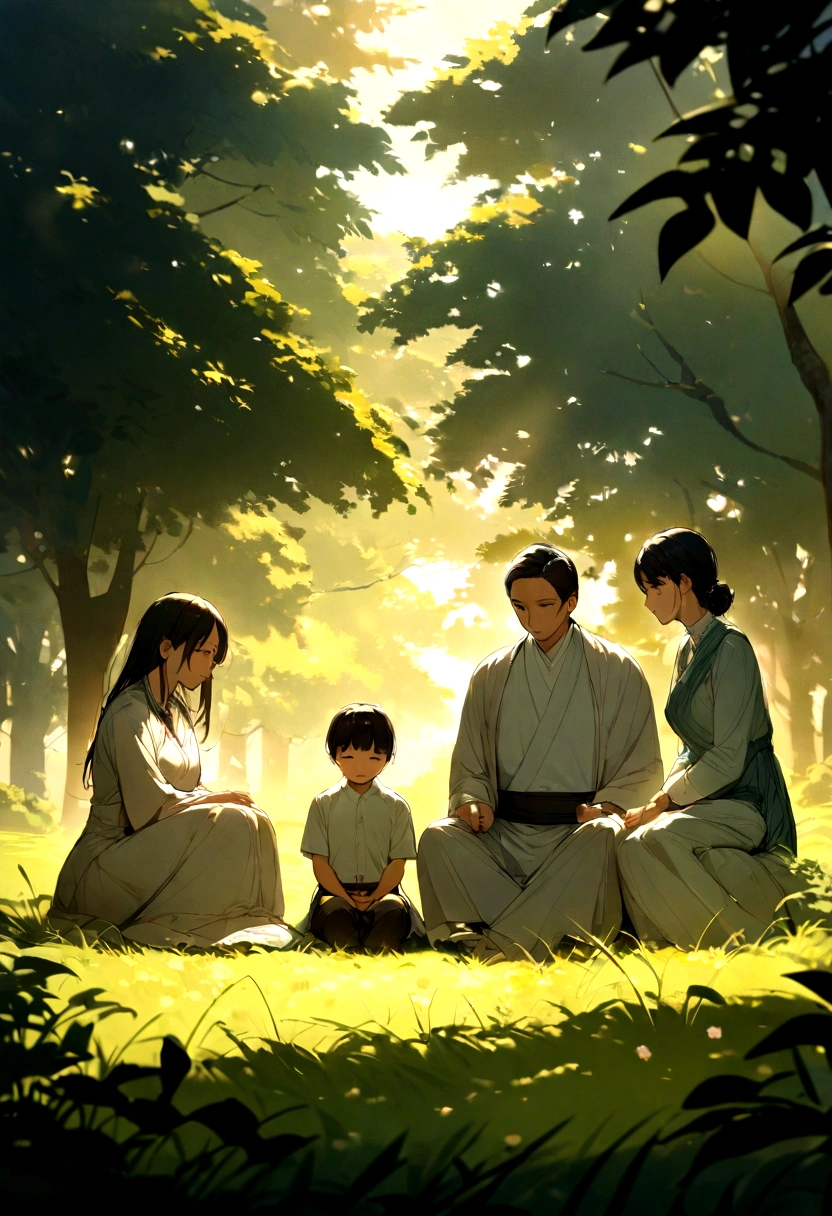 A family sitting in a lush green field, softly illuminated by light, conveying peace and divine security.