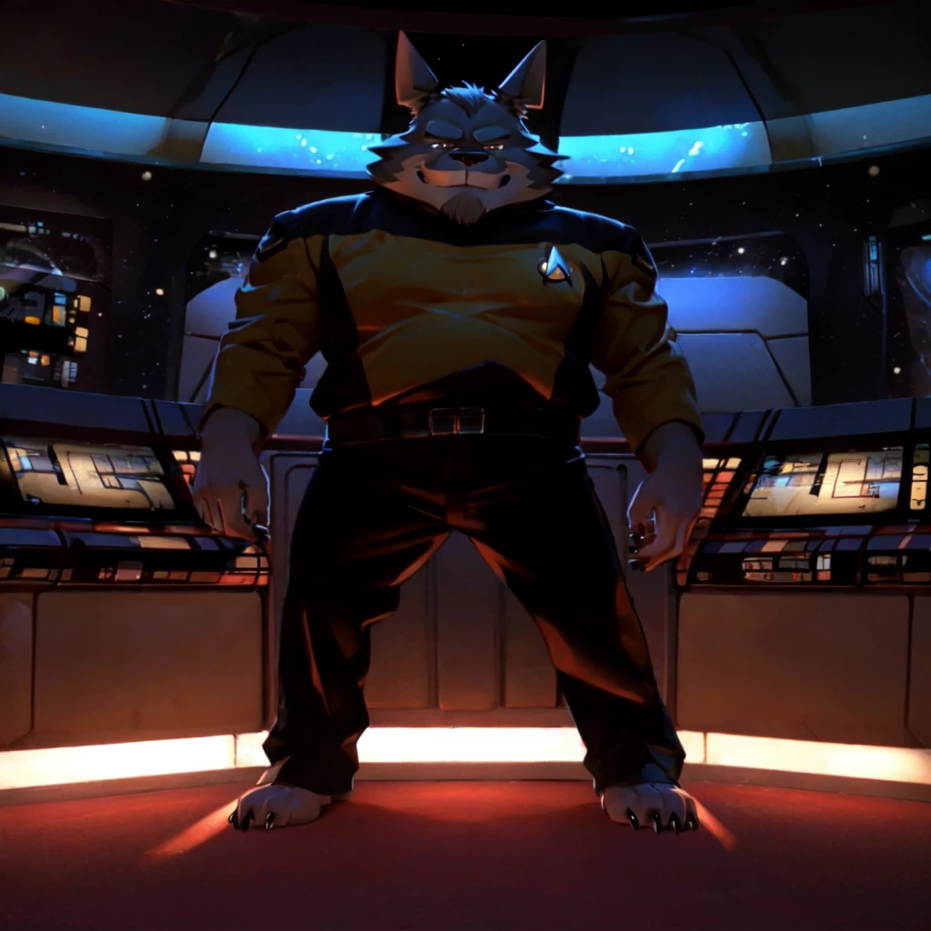 (((Barefoot furry character, full body, cinematic setting, furry male, plantigrade))) 

captain ((Totoro)), studio ghibili, furry, big, fat, whiskers, grey skin, claws,

wears star trek next generation security yellow uniform, (((s3stngunf yellow uniform))) long black pants, muscular figure, dynamic pose, action expression

((Bridge of starship with many screens and consoles)), futuristic look, metalic, bright colors

BREAK, intricate details, highly detailed, extreme detail, octane render, fine art, best quality, highres, (detailed face:1.5), ((full_body)), UHD, (((perfect hands))), ((low light:1.5))