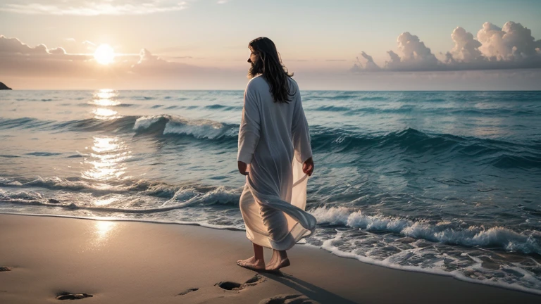 Generate a high-definition image of Jesus Christ walking gently along a deserted beach at dawn. He is represented as a man with long hair and a beard, dressed in a white tunic that flows in the light sea breeze. The soft light of the sunrise illuminates the scene, creating golden reflections on the calm surface of the water. Ao fundo, the sky is painted in shades of blue and orange, while a few scattered clouds highlight the beauty of the morning. As he walks, small gentle waves gently touch your bare feet on the damp sand. The atmosphere is one of peace and serenity, conveying a sense of spiritual connection with nature and the divine."