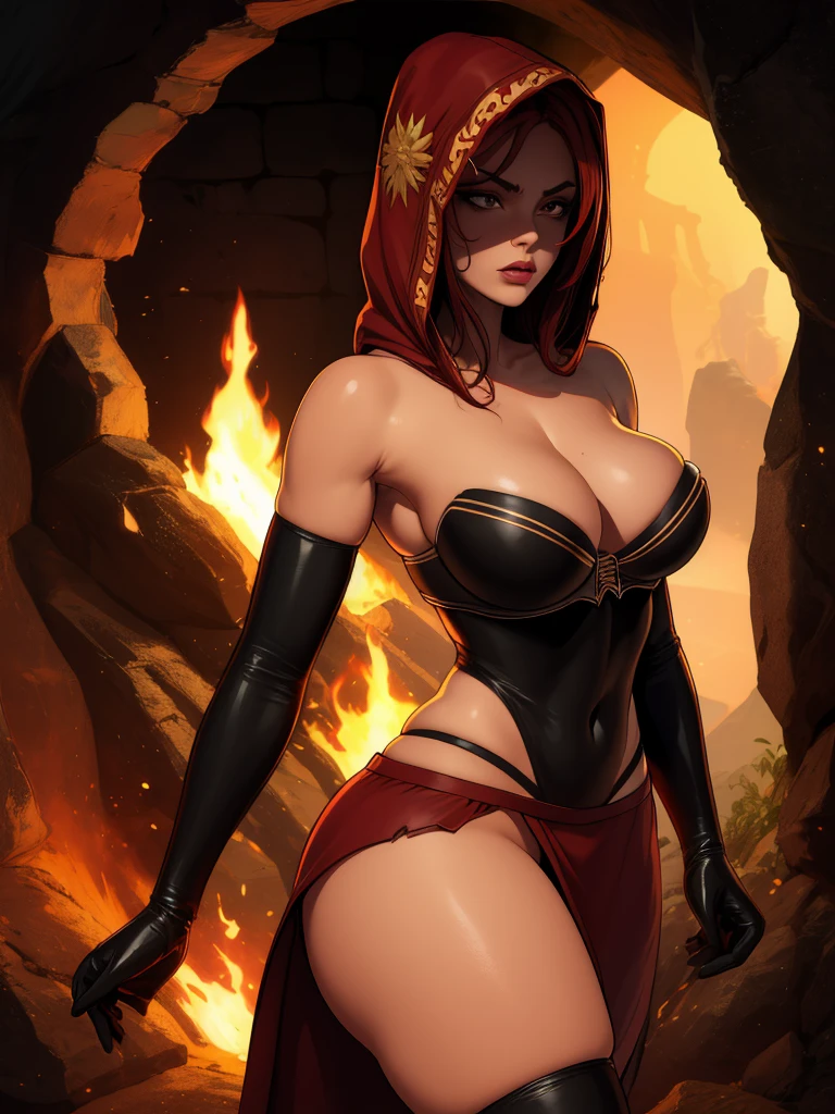 Dsorceress, redhair, shadowy face,dark cave, fire, hood, shadowed face, strapless bra, slim and athletic body, miniskirt, no panty, elbow gloves, dark skin, 1 girl (insanely detailed, masterpiece, best quality)