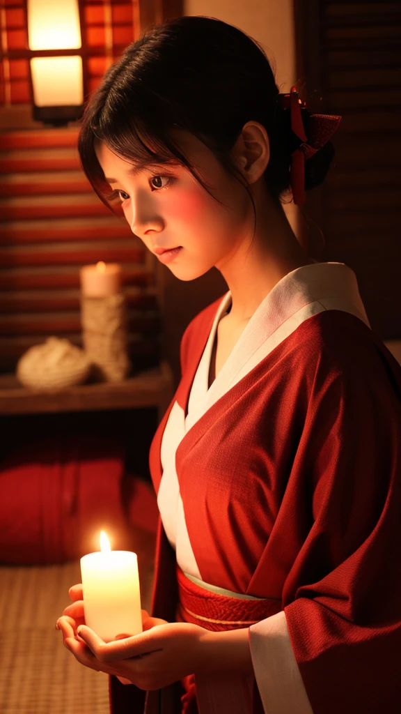 girl、Beauty、Red colored kimono、Exposing shoulders、girl座り、front、Tatami room、Powder、Shoji screen、tatami、Dark atmosphere、candle、Oiran、Tied hairstyle、hairpin、Close-up
