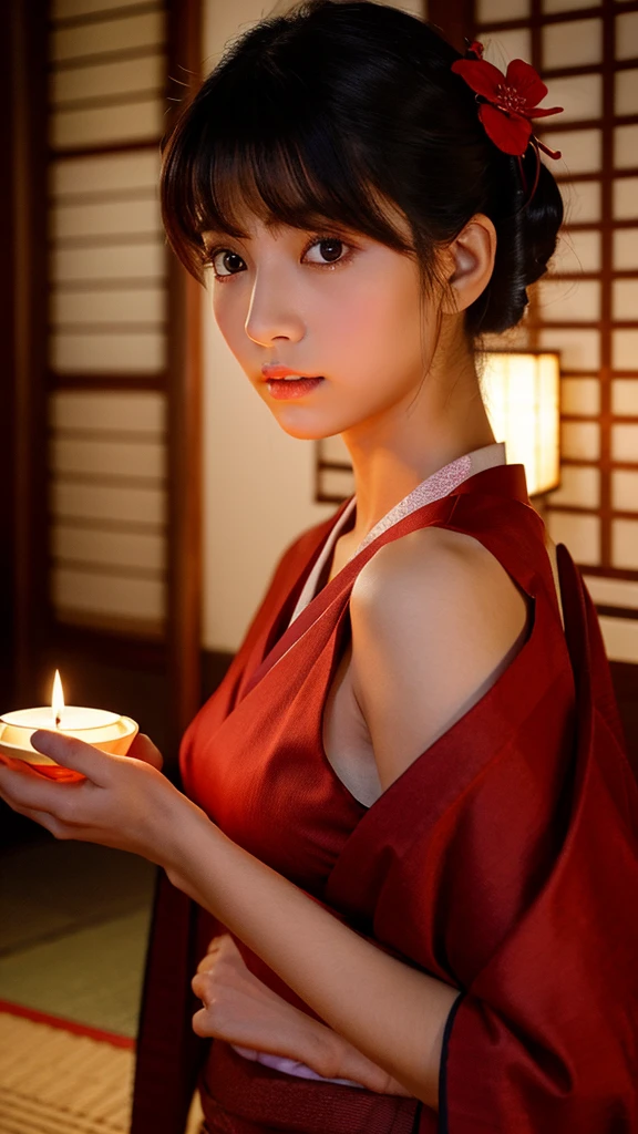 girl、Beauty、Red colored kimono、Exposing shoulders、girl座り、front、Tatami room、Powder、Shoji screen、tatami、Dark atmosphere、candle、Oiran、Tied hairstyle、hairpin、Close-up