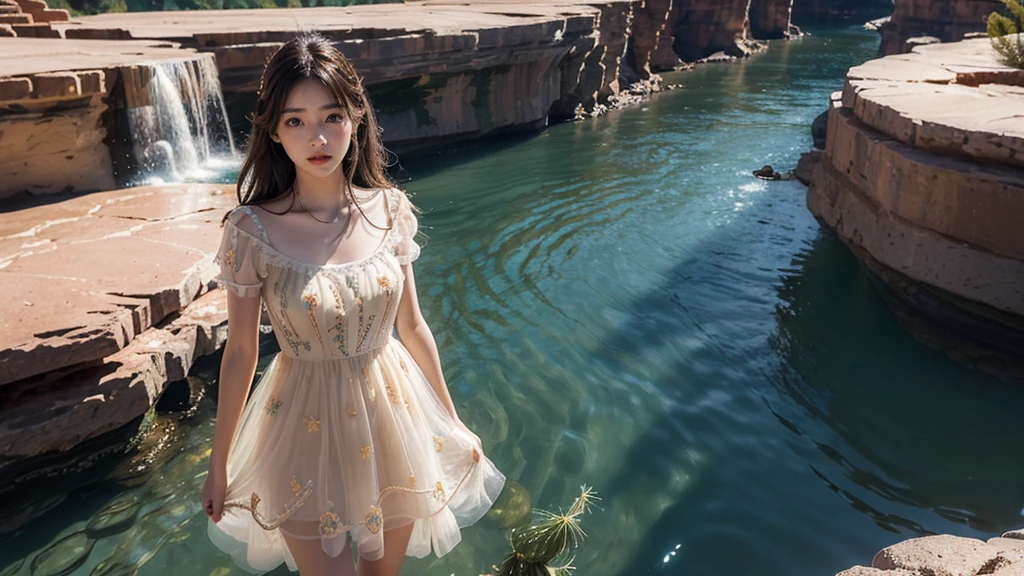 ((Masterpiece 1.4)), CG Unity 8k walpaper, ((Realistic: 1.2)), Ray Tracing, k, Beautiful 16 years girl, Korean realistic girl, ((Young perfect slender Girl)), Ultra Realistic, ultra HD, ((Yellow Tulle Vacation Dress)), ((Hollow Out Embroidered Short Sleeve Dress - Peach colour)), ((Super round breast under the dress)), ((young breasts)), Young body, perfect shape body, ((romantic looks)), stylish Poses ((Grand Canyon River)), Standing in River Water, Pure Clean Water in River, ((River has Blue Floting water)), ((Canyon Mountains)), Slightly open mouth, cactus, ((detailed background)), ((Detailed Dress)), ((Detailed body)), ((detailed skin)), ((realistic lips)), Long Black hair, cinematic lighting, cinematic Photography, High resolution Dress Quality, High resolution picture quality,