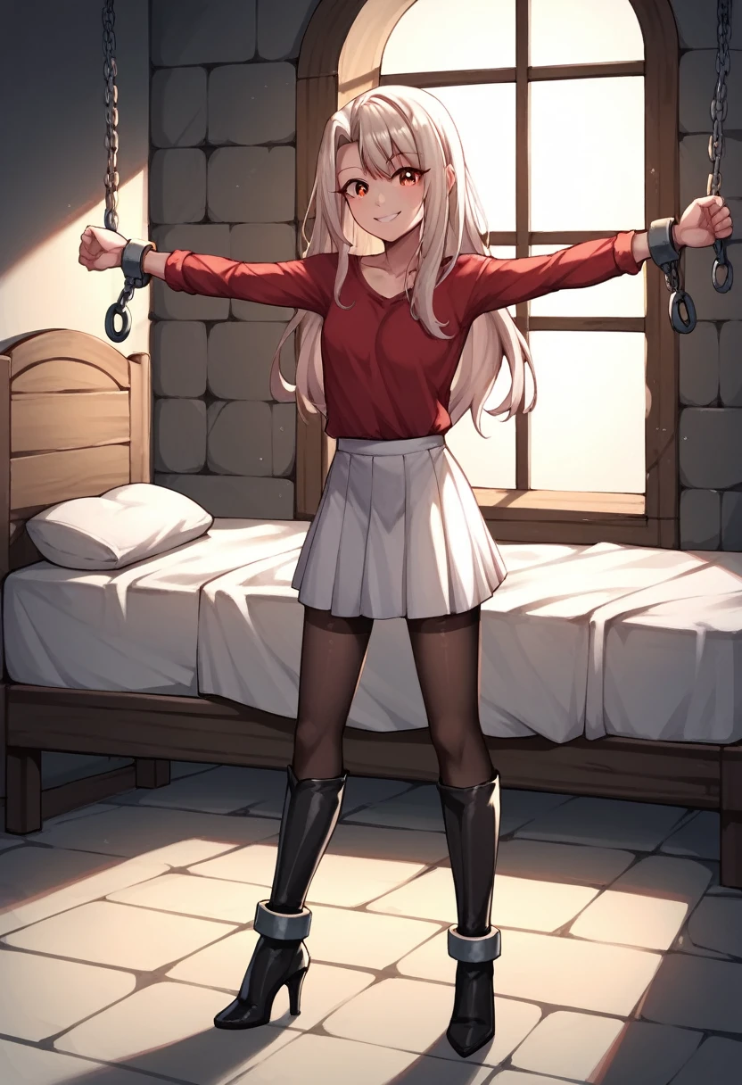 score_9, score_8_up, score_7_up, score_6_up, score_5_up, score_4_up, source_anime, 1woman, sit, bed, perfect anatomy, solo, Irisviel von Einzbern, red eyes, long hair, red shirt, white skirt, black thigh boots, heels, pantyhose, cowboy shot, standing, smile, indoors, spread arms, w-w-chain, shackles, night, dungeon, best quality, best res, 4K UHD,