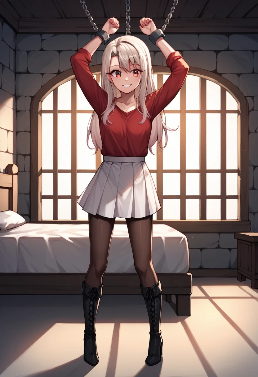 score_9, score_8_up, score_7_up, score_6_up, score_5_up, score_4_up, source_anime, 1woman, sit, bed, perfect anatomy, solo, Irisviel von Einzbern, red eyes, long hair, red shirt, white skirt, black thigh boots, heels, pantyhose, cowboy shot, standing, smile, indoors, spread arms, w-w-chain, shackles, night, dungeon, best quality, best res, 4K UHD,