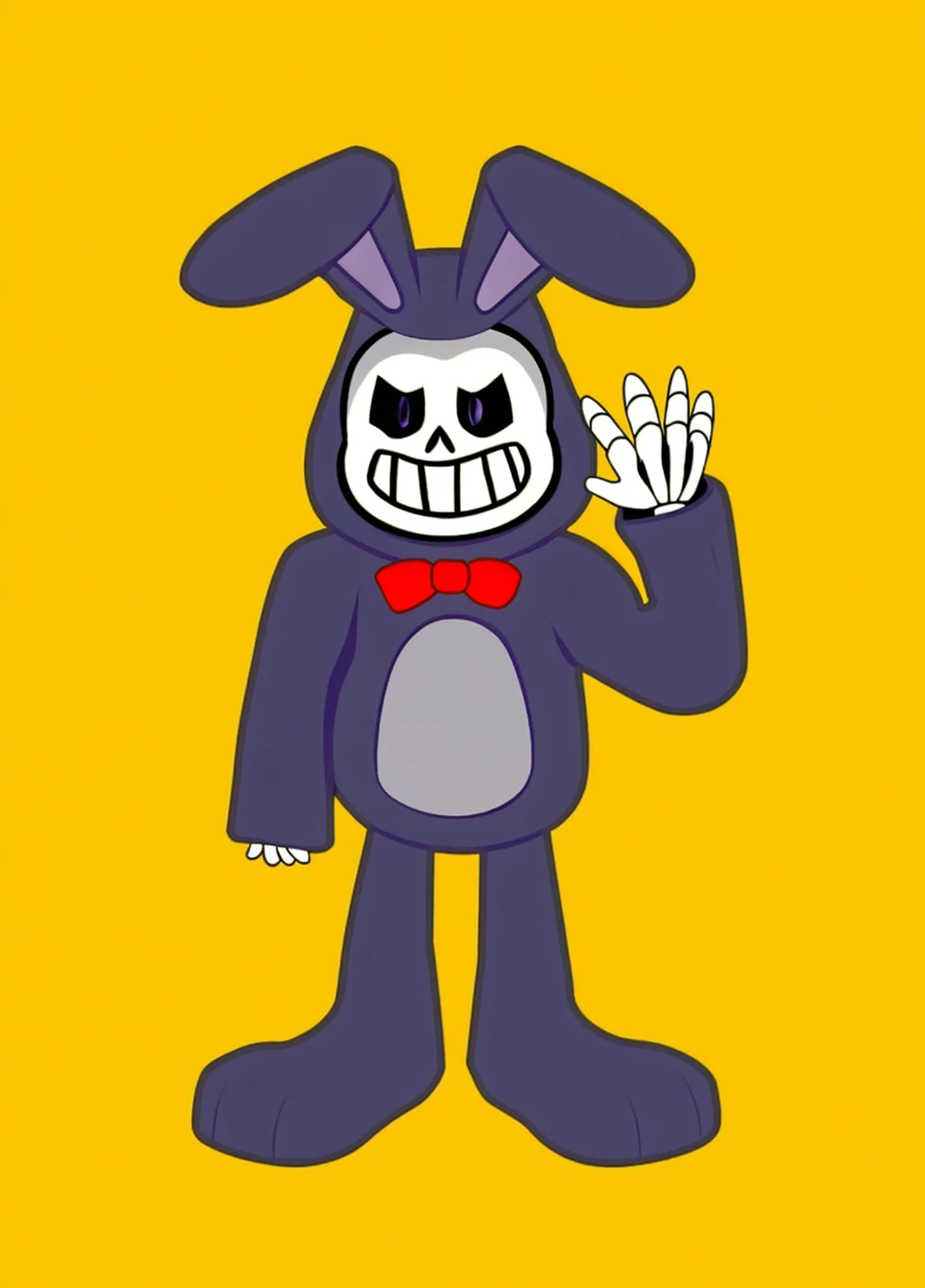 Create a full-body 3D model of a skeleton wearing a purple bunny costume. The costume should have a plush texture, with a soft and realistic appearance. The bunny should have large, flexible ears, a light gray belly, and a red bow tie on its neck. The skeleton should have a big smile and hollow, glowing purple eyes. The skeleton's hands and fingers should be bones. The character should be in a friendly pose, with one hand waving. The background should be transparent