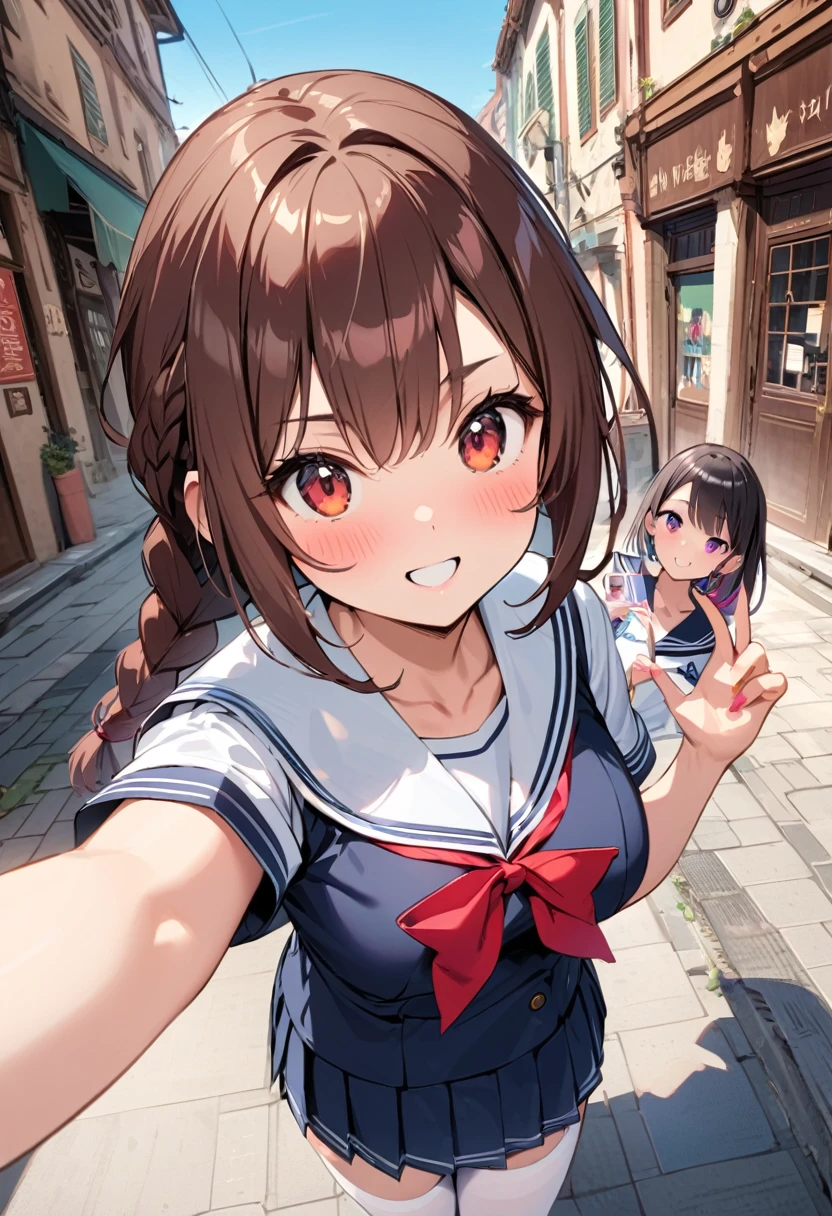 highest quality、High resolution、Detailed Background、(Beautiful face in every detail:1.4)、Anatomically correct、Teenage beauty、Cute color hair color、Braided Ponytail、Braided bob cut、well-groomed eyebrows、Dark colored sailor suit、White sailor collar、Pleated skirt、White Stockings、In a joking manner、A big smile、Do cute things、School trip、You can also take photos with famous landmarks and symbols of your travel destinations.、(Three beautiful girls taking a selfie with the world's most famous tourist spots in the background:1.5)