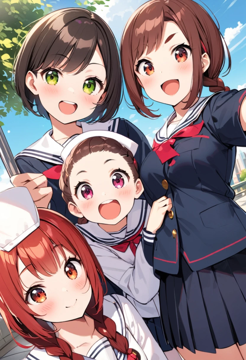 highest quality、High resolution、Detailed Background、(Beautiful face in every detail:1.4)、Anatomically correct、age beauty、Cute color hair color、Braided Ponytail、Braided bob cut、well-groomed eyebrows、Dark colored sailor suit、White sailor collar、Pleated skirt、White Stockings、In a joking manner、A big smile、Do cute things、School trip、You can also take photos with famous landmarks and symbols of your travel destinations.、(Three beautiful girls taking a selfie with the world's most famous tourist spots in the background:1.5)
