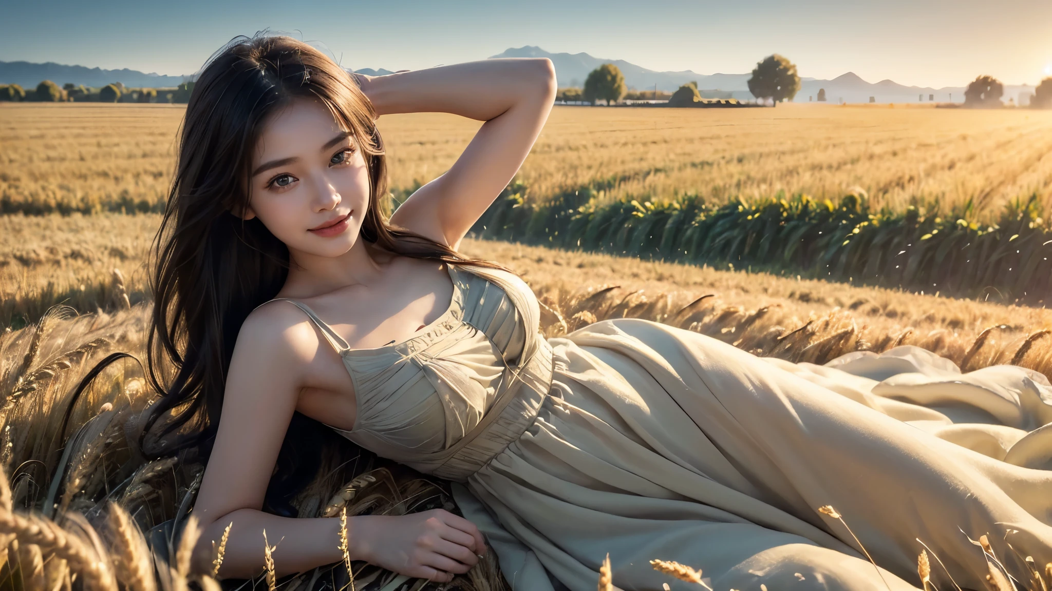 ((Master piece: 1.4)), Extremely CG Unity 8k walpaper, ((Realistic: 1.2)), Ray Tracing, k, Beautiful 22 years girl, Asian realistic girl, ((Young perfect slender Girl)), Ultra Realistic, ultra HD, ((taffy colour luxury Sundress)), ((Super round breast under the dress)), ((young breasts)), Young body, perfect shape body, ((romantic looks)), stylish Poses ((Wheat agriculture Fields)), Sleeping on Grass fields, ((Eyes open)), ((Every where wheat Fields)), (only wheat Fields)), Beautiful smile, ((smile: 1.2)), ((detailed background)), ((Detailed Dress)), ((Detailed body)), ((detailed skin)), ((realistic lips)), ((realistic smile)), ((Long Black silky hair)), cinematic lighting, cinematic Photography, High resolution Dress Quality, High resolution picture quality, Morning Light, Foggy morning, ((Cool weather)), peacefull climate,