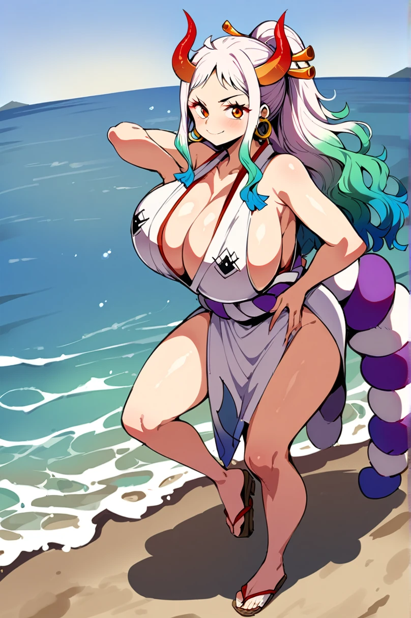 yamato \(one piece\), 1girl, solo, japanese clothes, multicolored hair, jewelry, earrings, sleeveless kimono, hair ornament, kimono, curled horns, long hair, oni, smile, rope, breasts, hair stick, sleeveless, shimenawa, closed mouth, hoop earrings, bare shoulders, ponytail, (masterpiece, best quality), beach, scenery, ((front view)), detailed, very high resolution, no blurry image, ((full body)), orange eyes, sligh wavy hair, (((massive breasts)))