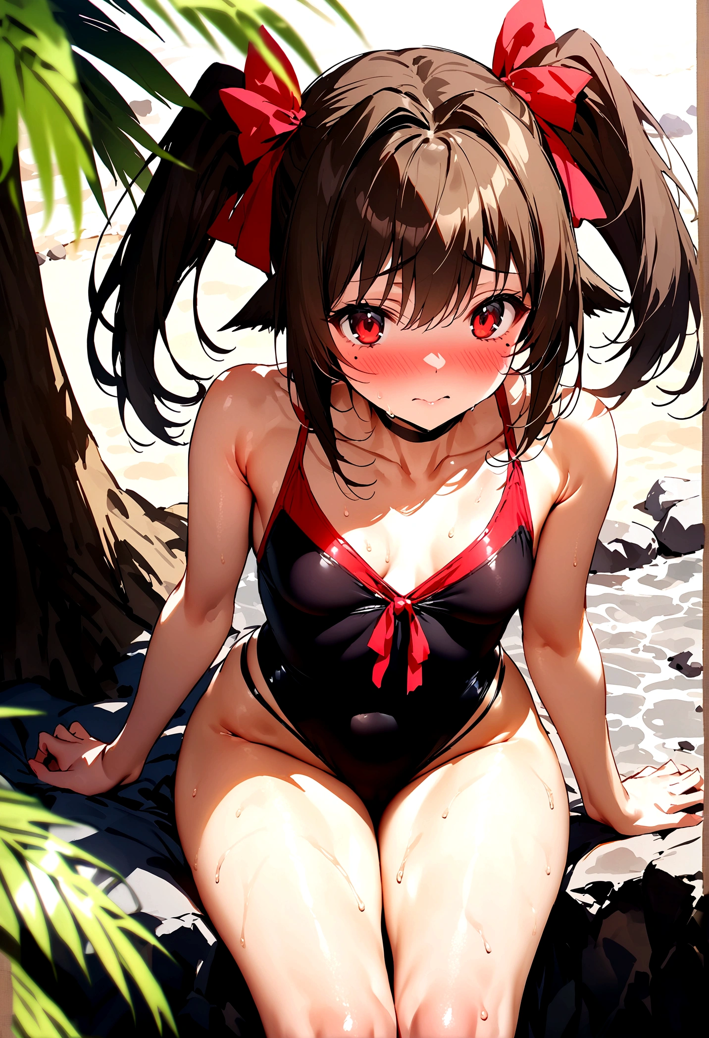 NSFW,masterpiece,Highest quality,High resolution,Super detailed,Nekone \(Utawarerumono\),Brown Hair、(Red Eye:1.3)、ribbon,Twin tails、ヘアribbon、Mole、目の下のMole,Small breasts,High-quality sexy swimsuit,beach,Palm tree,Rock Shade,Embarrassed,blush,(Seduce)