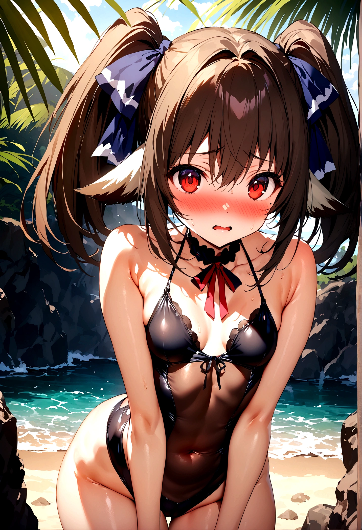 NSFW,masterpiece,Highest quality,High resolution,Super detailed,Nekone \(Utawarerumono\),Brown Hair、(Red Eye:1.3)、ribbon,Twin tails、ヘアribbon、Mole、目の下のMole,Small breasts,High-quality sexy swimsuit,beach,Palm tree,Rock Shade,Embarrassed,blush,(Seduce)