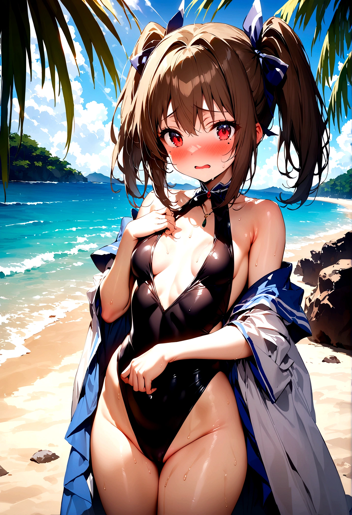 NSFW,masterpiece,Highest quality,High resolution,Super detailed,Nekone \(Utawarerumono\),Brown Hair、（Red Eye：1.3）、ribbon,Twin tails、ヘアribbon、Mole、目の下のMole,Small breasts,High-quality sexy swimsuit,beach,Palm tree,Rock Shade,Embarrassed,blush,(Seduce)