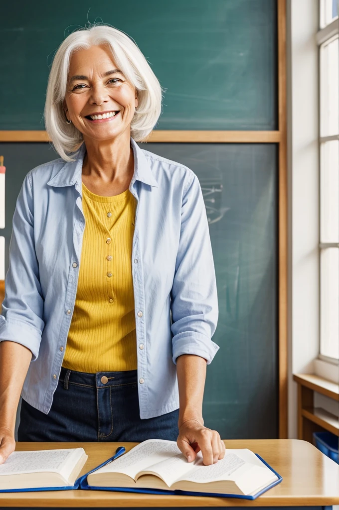 An older teacher of about 42 years old mustard and white hair in the classroom smiling