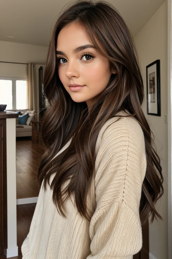 Girl with brown hair and brown eyes inside room