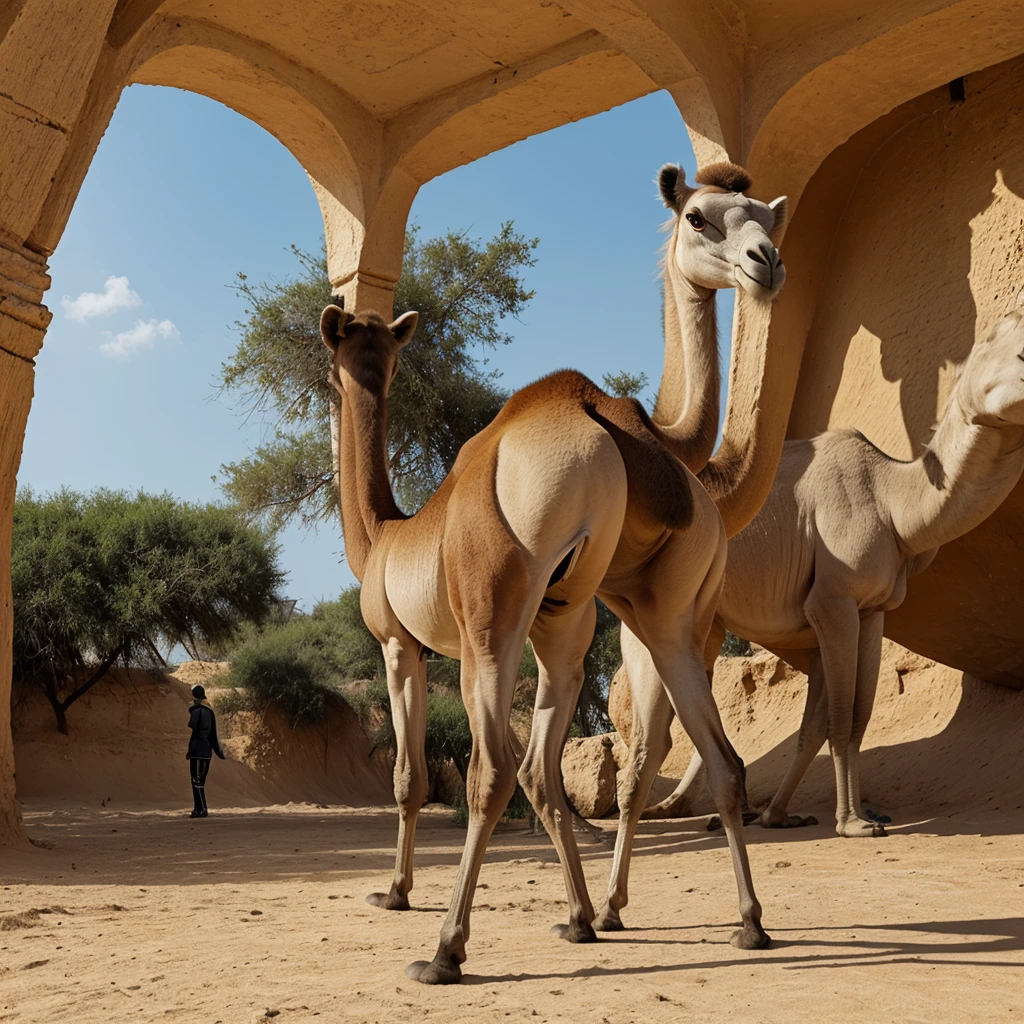 Real photography, unique composition that mixes and brings together in an almost surreal design four different types of animals in a single body of a Camel, tail of a Vulture, head of a Langur, arms and legs of a Ringed Sea Snake. There is a frame in the image that refers to the 2d drawn image of lines that become wind and water and fire and earth at the base, with transparent background. RASO is written on corner