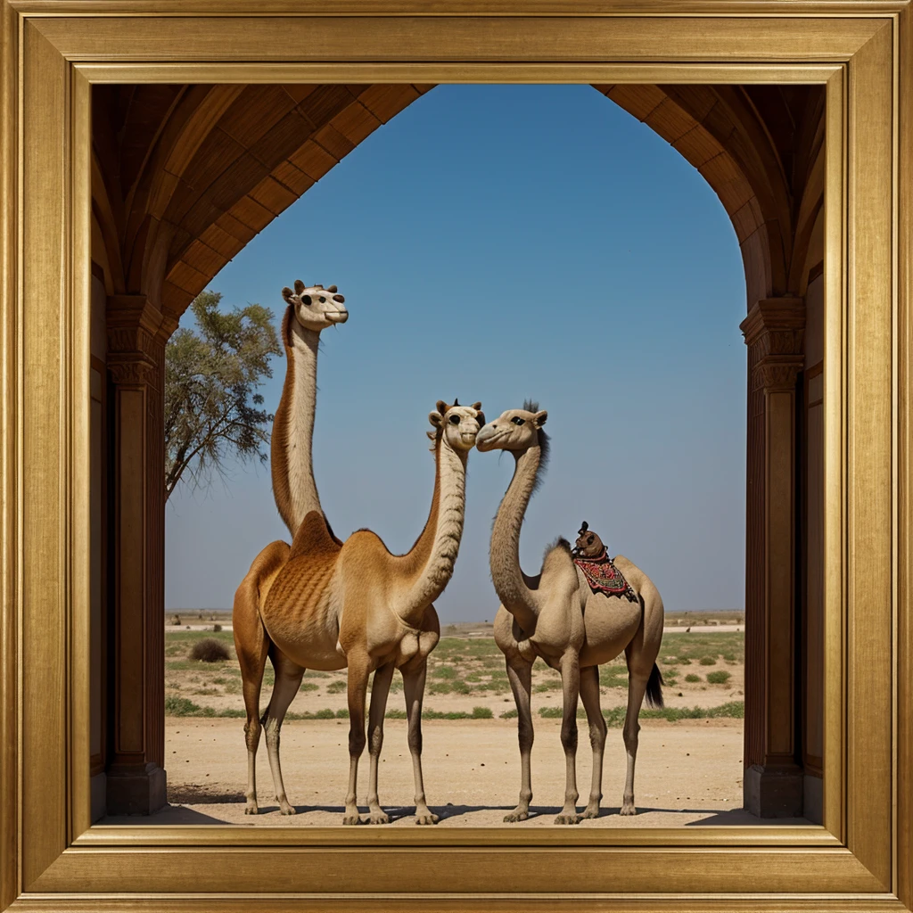 Real photography, unique composition that mixes and brings together in an almost surreal design four different types of animals in a single body of a Camel, tail of a Vulture, head of a Langur, arms and legs of a Ringed Sea Snake. There is a frame in the image that refers to the 2d drawn image of lines that become wind and water and fire and earth at the base, with transparent background. RASO is written on corner