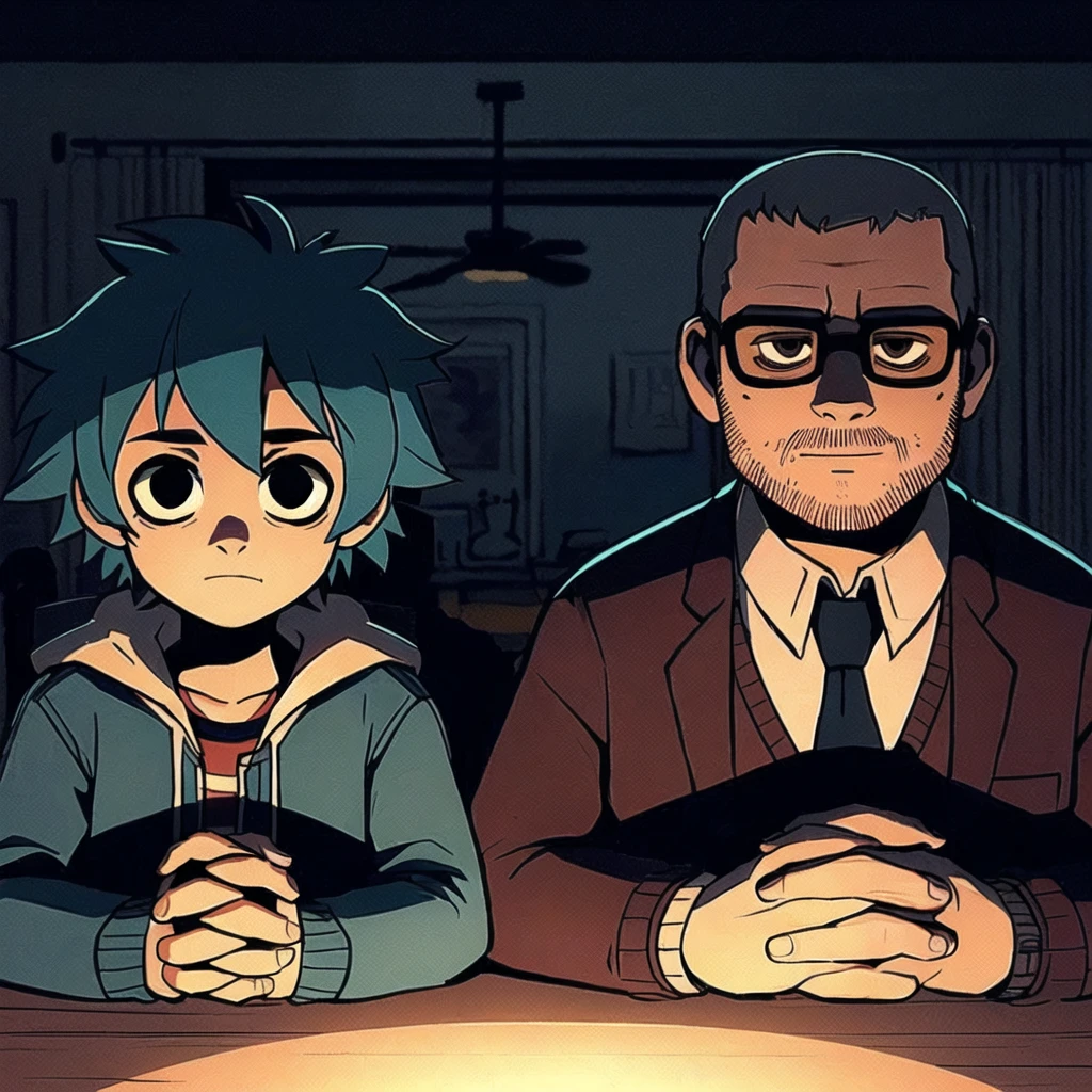 anime characters sitting at a table with a cat in their hands, 2 days anime style, 2 days anime, 2 days gorillaz, gorillaz art, Gorillaz style, gorillaz, arte 2D, 2 days art, arte 2D cover, 2 days style, 2 days digital, gorillaz phase 1, 2D, 2 days, Still image from 2D movie