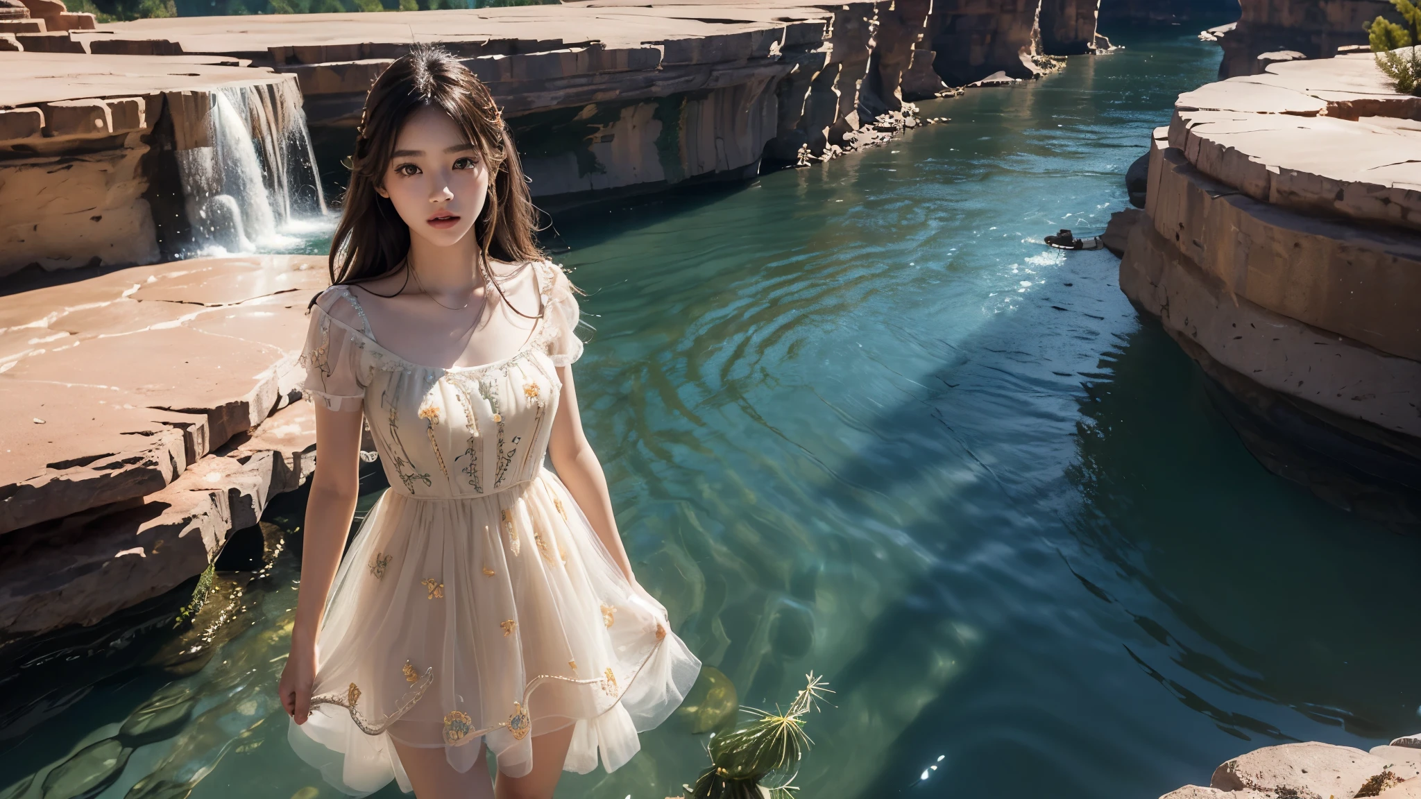 ((Masterpiece 1.4)), CG Unity 8k walpaper, ((Realistic: 1.2)), Ray Tracing, k, Beautiful 16 years girl, Korean realistic girl, ((Young perfect slender Girl)), Ultra Realistic, ultra HD, ((Yellow Tulle Vacation Dress)), ((Hollow Out Embroidered Short Sleeve Dress -  Peach colour)), ((Super round breast under the dress)), ((young breasts)), Young body, perfect shape body, ((romantic looks)), stylish Poses ((Grand Canyon River)), Standing in River Water, Pure Clean Water in River, ((River has Blue Floting water)), ((Canyon Mountains)), Slightly open mouth, cactus, ((detailed background)), ((Detailed Dress)), ((Detailed body)), ((detailed skin)), ((realistic lips)), Long Black hair, cinematic lighting, cinematic Photography, High resolution Dress Quality, High resolution picture quality,