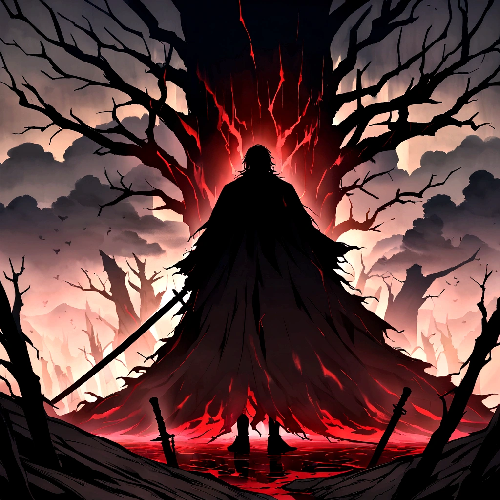 On a cloudy and gloomy day, with dense clouds blocking almost all sunlight, a young warrior with a serious expression and piercing eyes stands out in the desolate scenery. Wearing a torn black cloak and holding a shining katana, he is surrounded by a barren landscape with twisted trees. From the sky, a rain of blood falls, creating scarlet puddles on the ground and staining his clothes and hair. Despite this, the warrior remains impassive and determined. The scene's lighting uses dark contrasts, with deep shadows and points of light highlighting the character and the macabre rain of blood, resulting in a dramatically impactful image.