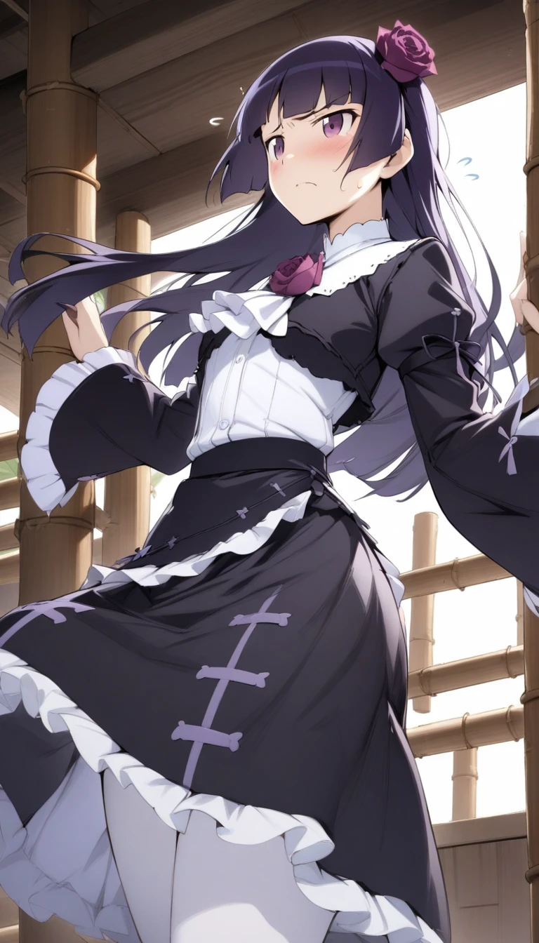 masterpiece, best quality, very aesthetic, absurdres, 1girl, mature_lady, ,gokou ruri, ore no imouto ga konna ni kawaii wake ga nai, hair flower, gothic lolita,,flying sweatdrops,Bamboo Construction,floating_hair