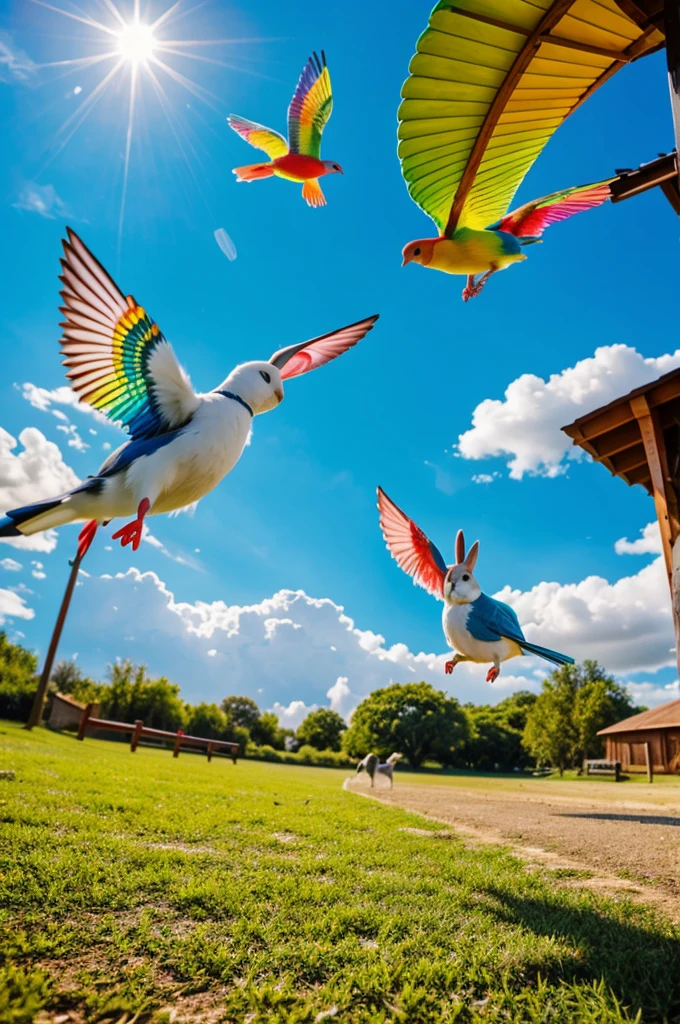 Pet colorful birds flying 
Rabbit playing 