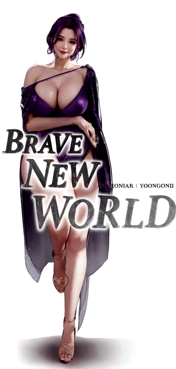 purple haired woman with extremely massive breasts and a small waist and large sexy legs wearing heels and skimpy purple gown exposing her right shoulder, most of her breasts, and her legs and smiling with one arm under her breasts